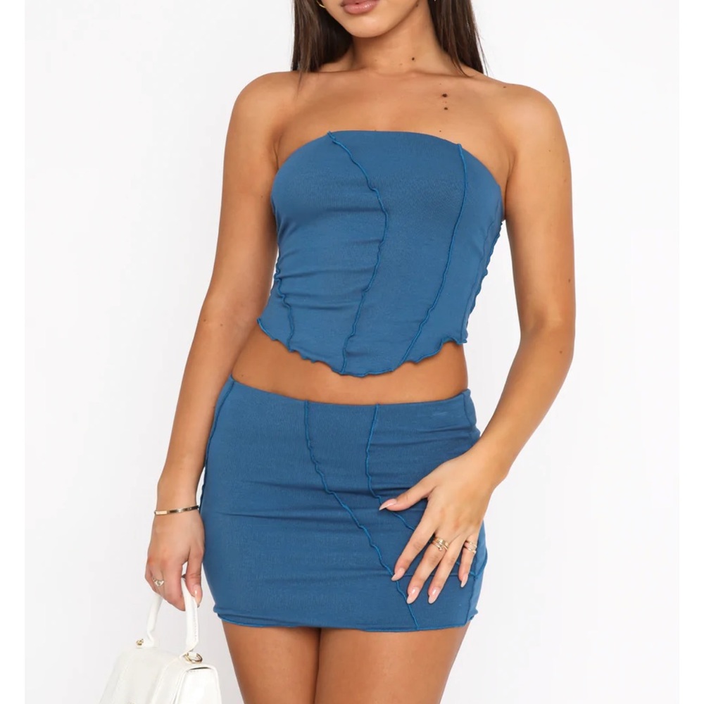 Whitefox Boutique teal blue strapless crop tube top mini skirt set XS